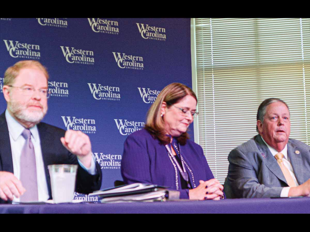 UNC System President Peter Hans (from left), WCU Chancellor Kelli R. Brown and    Board of Governors Chairman Randall Ramsey take press questions following the April 7 meeting. Holly Kays photo