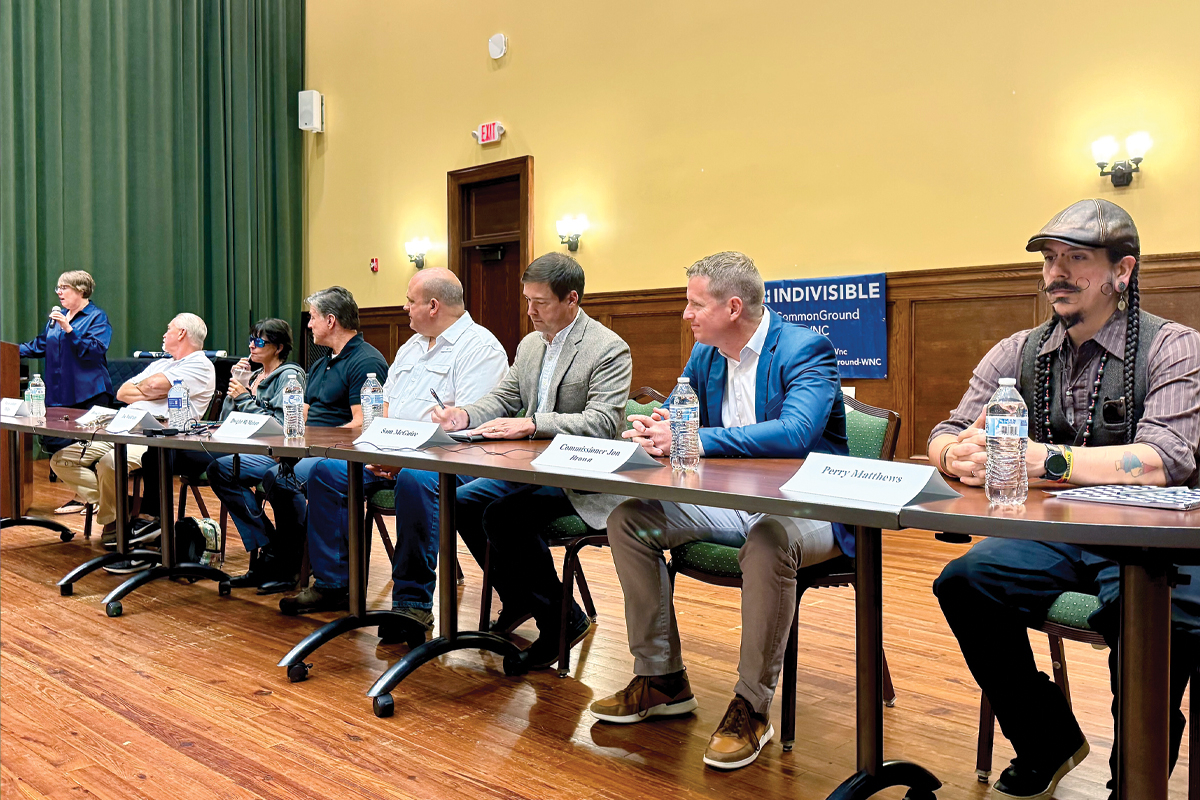 Lauren Baxley (far left) asks questions of Sylva candidates (left to right) Mayor Johnny Phillips, Brooklyn Joan Brownie, Commissioner Joe Waldrum, Dwight McMahan, Sam McGuire, Commissioner Jon Brown and Perry Matthews on Aug. 21. 