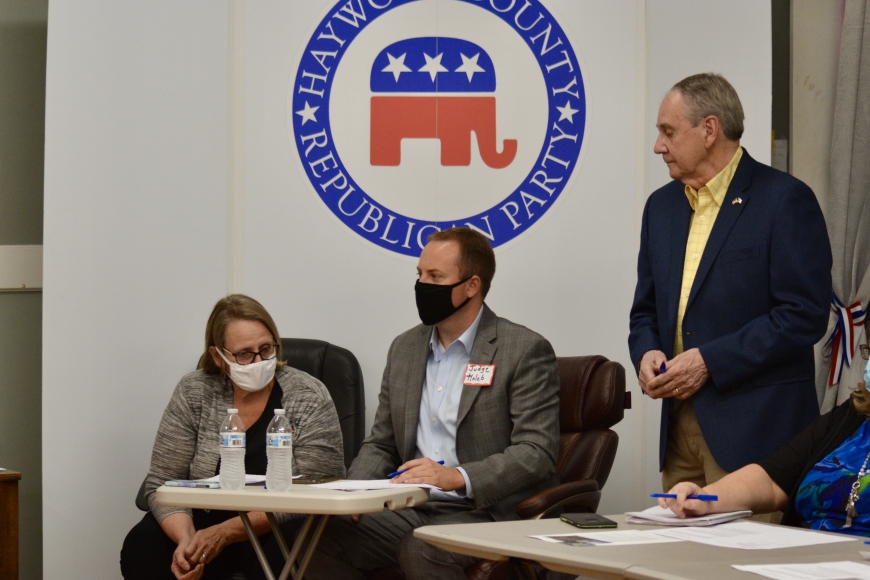 District Court judges (left to right) Donna Forga and Kaleb Wingate, along with NCGOP 11th District Chairman Aubrey Woodard count ballots. 
