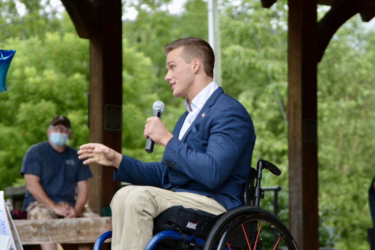 Rep. Madison Cawthorn speaks to a gathering in Sylva in 2020. 