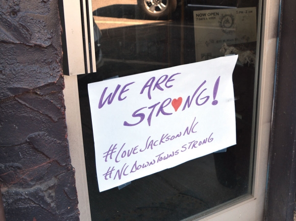 Businesses in downtown Sylva are showing unity with the #LoveJacksonNC hashtag. Cory Vaillancourt photo 