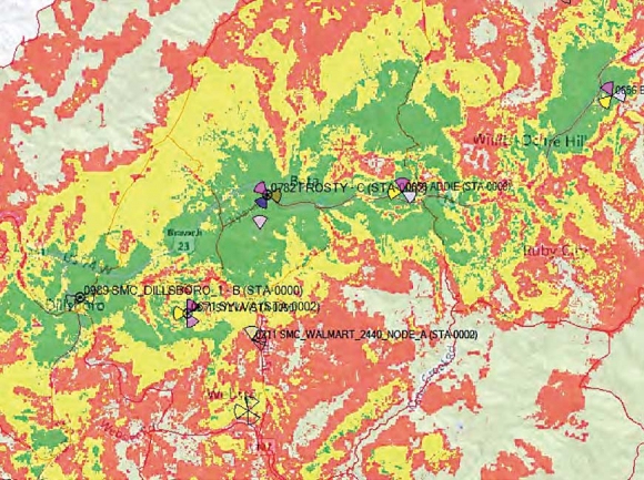 If constructed, the new cell tower — which is named “Frosty” and shown toward the center of the map — would significantly increase LTE service in Sylva and surrounding areas, according to projections from Verizon. Verizon map