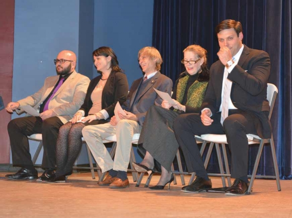 Canton’s board of aldermen/women James Markey (from left), Kristina Smith, Dr. Ralph Hamlett and Gail Mull sit onstage with Mayor Zeb Smathers (far right) at the Colonial Theater in November 2017. Cory Vaillancourt photo