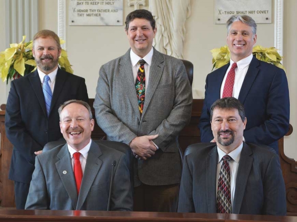 Haywood County Board of Commissioners Brandon Rogers, (back row from left) Kevin Ensley and Kirk Kirkpatrick and Tommy Long (front row from left) and Mark Pless. File photo