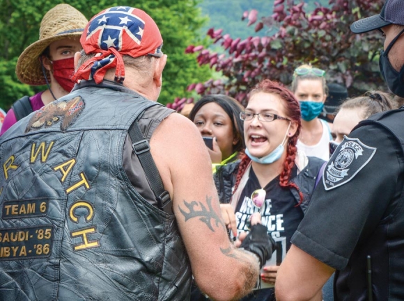 BLM demonstrators dialogue with counterdemonstrators in Maggie Valley on July 18. Cory Vaillancourt photo