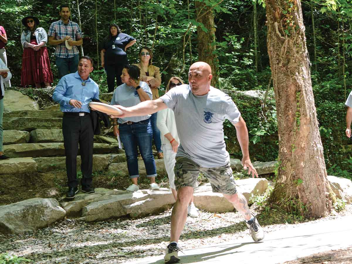 Wolfetown Rep. Bo Crowe throws a disc following the ribbon-cutting May 10. 