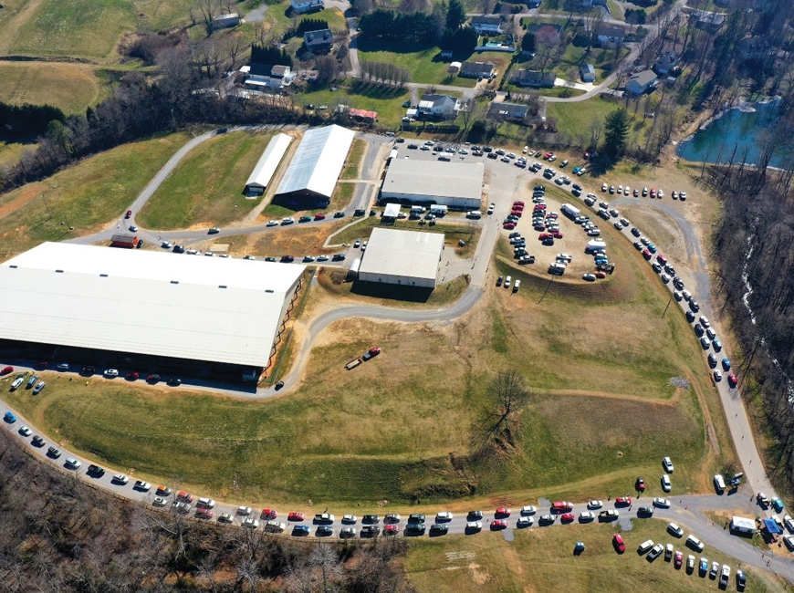 An aerial shot shows the massive COVID-19 vaccination clinic happening at the Smoky Mountain Event Center in Haywood County. File photo