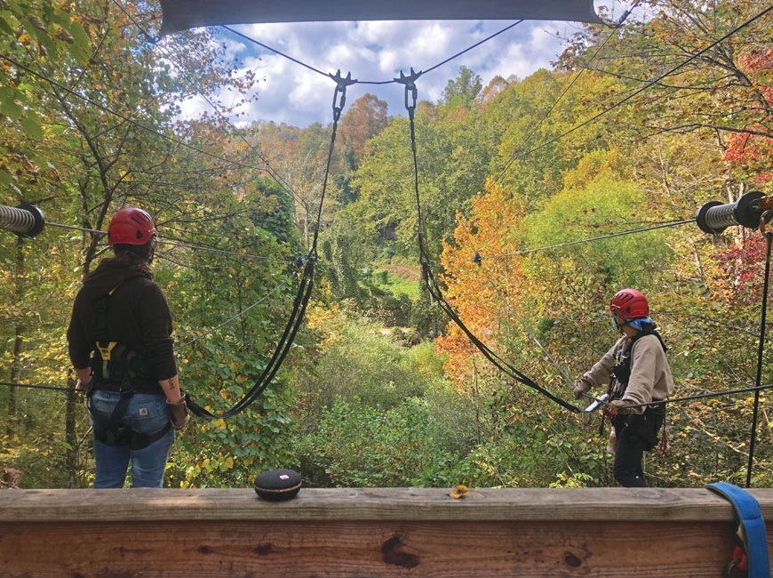 Mask-wearing customers go for a zip line adventure at Nantahala Outdoor Center. NOC photo