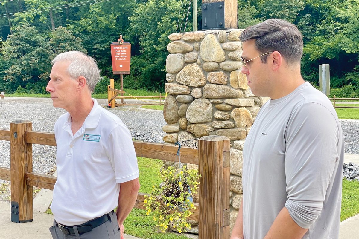 Department of Natural and Cultural Resources Secretary Reid Wilson (left) joins Canton Mayor Zeb Smathers for a tour of Chestnut Mountain Park on Aug. 11.  Cory Vaillancourt photo