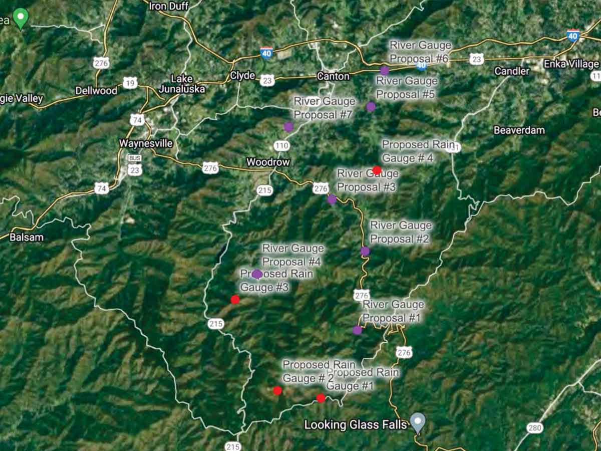 A map shows potential locations for new rain gauges (in red) and river gauges (purple) across southeastern portions of the county. Haywood County photo 