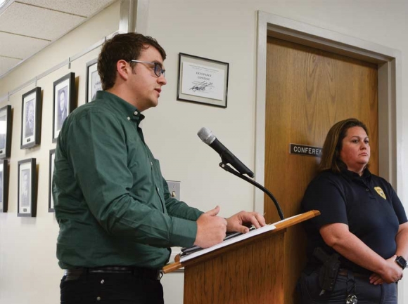 Aaron Littlefield addresses the Sylva town board Sept. 12. Holly Kays photo