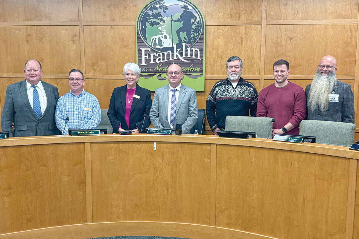 The new Franklin town council, from left to right: Joe Collins, Travis Higdon, Rita Salain, Mayor Stacy Guffey, Vice Mayor Mike Lewis, Robbie Tompa and Jeff Berry.