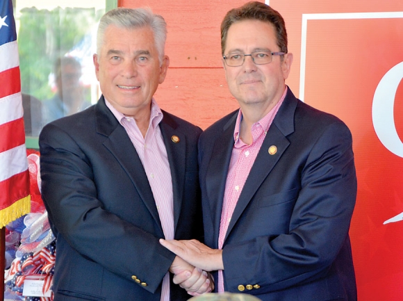 Sen. Jim Davis (left) appears with Rep. Kevin Corbin at a rally in Franklin last Saturday. Cory Vaillancourt photo