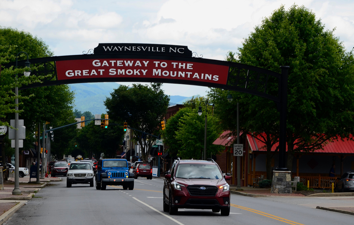 The new arch frames downtown Waynesville, a bustling town of more than 10,000. 