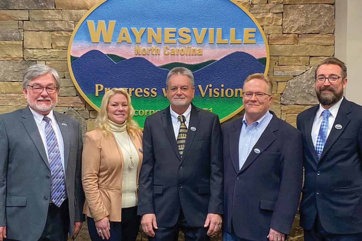 Waynesville’s Board of Aldermen (left to right) Chuck Dickson, Julia Freeman, Mayor Gary Caldwell, Jon Feichter and Anthony Sutton plan to in crease transparency with “baby steps.” Town of Waynesville photo