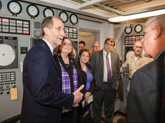 University of North Carolina System Interim President Bill Roper (far left) tours the Western Carolina University steam plant March 5. Ashley Evans/WCU photo