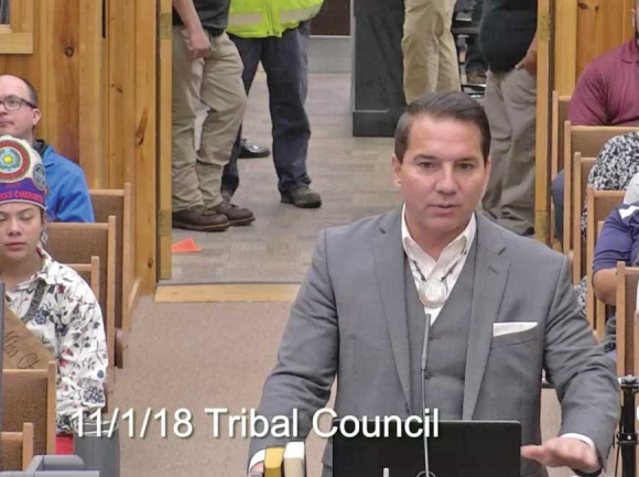 Principal Chief Richard Sneed discusses the Indian Child Welfare Act ruling with Tribal Council Nov. 1. EBCI image