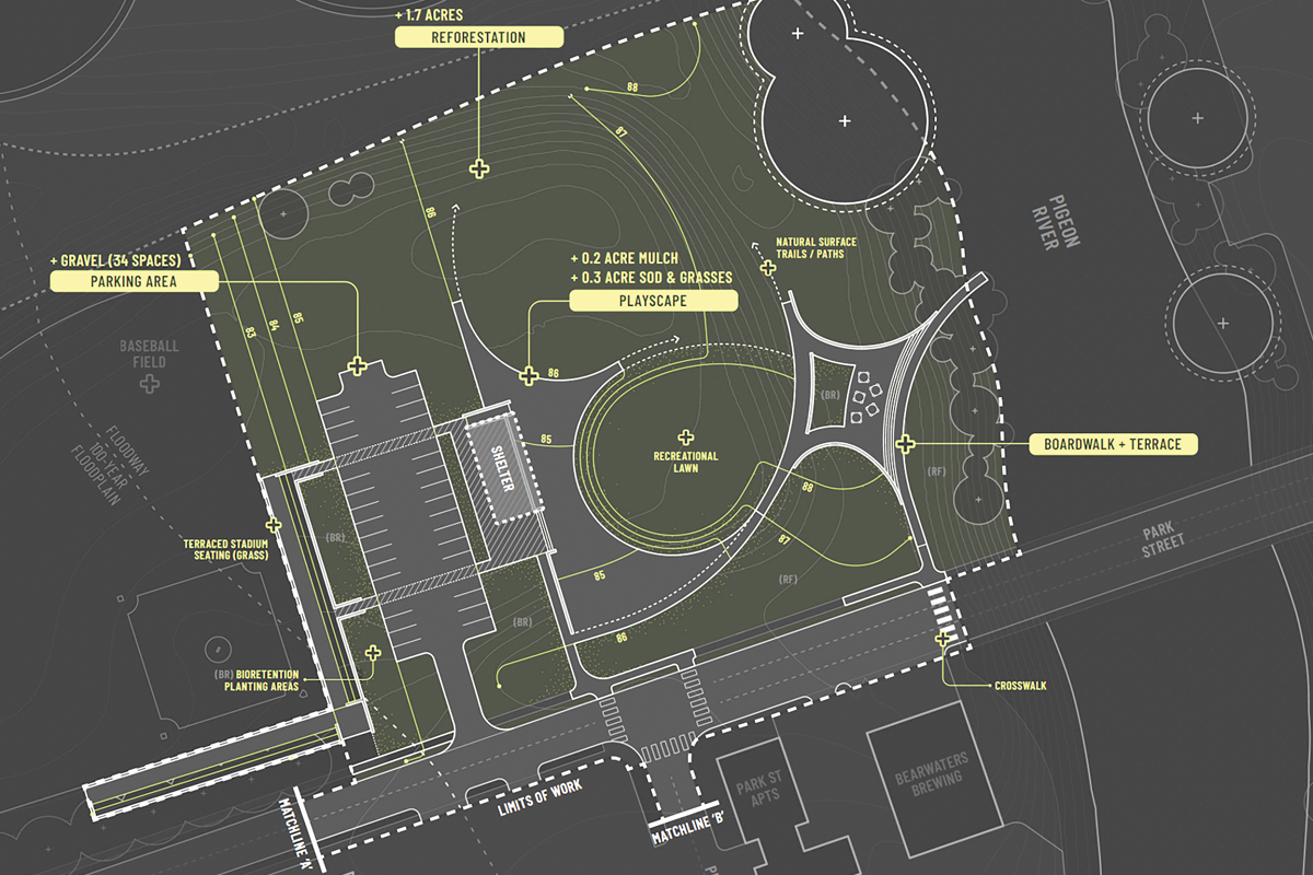 Drawings show a radical rethinking of how the parcel home to Bethel Christian Academy  in Canton will soon look, if the town is selected for a FEMA grant. Town of Canton photo