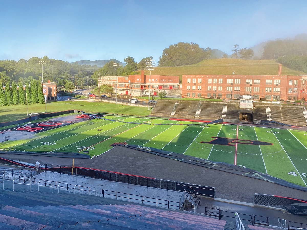 The AstroTurf was damaged at Pisgah Memorial Stadium following Tropical Storm Fred. Greg Boothroyd photo