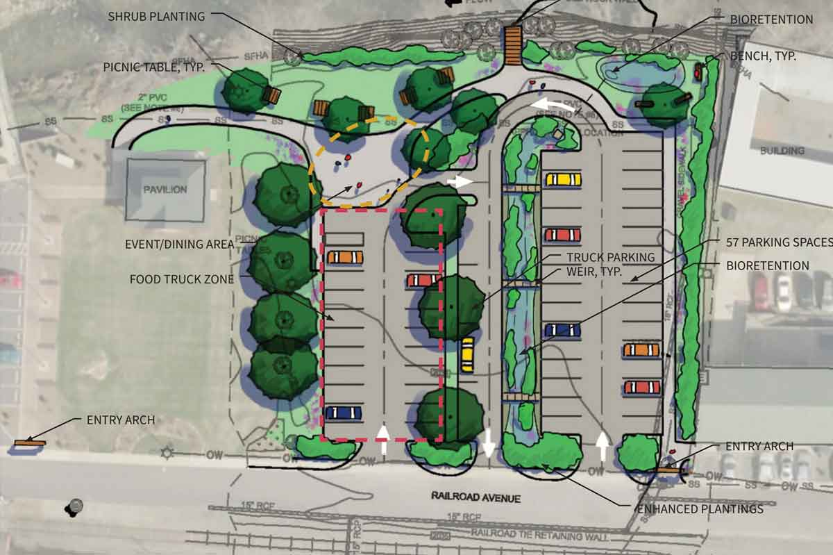 Plans for the Bridge Park project show a paved parking area and bio retention ponds. Equinox photo