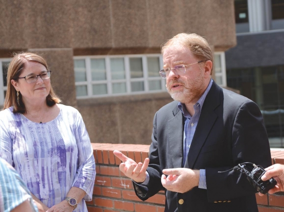 UNC System President Peter Hans answers media questions during a July 1 visit to Western Carolina University. Holly Kays photo