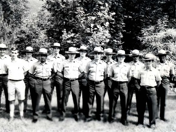 The summer of 1967 was the first time African-Americans were hired as seasonal interpreters in the Great Smoky Mountains National Park. Pictured from left to right are that year’s hires (front row) Kenneth D. Young, Robert M. Stone, G. Gary Ward, Bon Whaley, W. Doug Trabert, W. Muriel Smelcer (second row), F. Paul Inscho, Howard F. Davis, Richard J. Sharp, Larry W. McCulloch, Frank L. Oakberg, Grover W. Barnes and Joe A. Lee. NPS photo