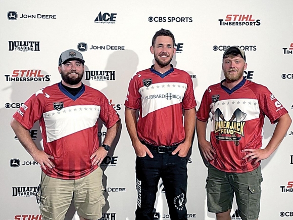 Current and former Haywood Community College students Alec Parsons (from left), Ben Knicely and Darby Hand recently competed at the STIHL Timbersports US Championships in Little Rock, Arkansas. Donated photo