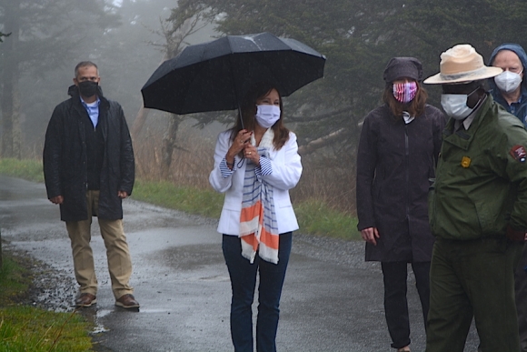 Second Lady Karen Pence (center) hikes to the Clingmans Dome Observation Tower with Smokies Superintendent Cassius Cash (far right).