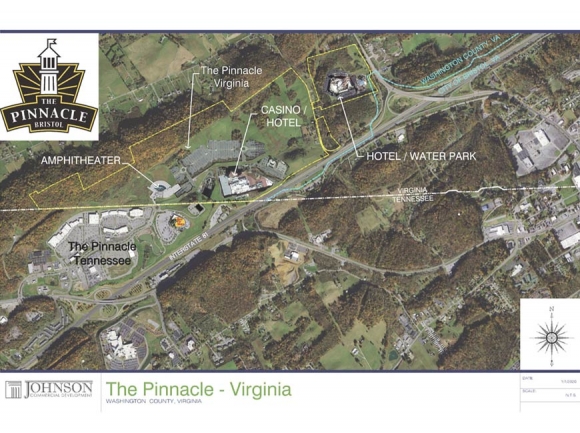 The existing Pinnacle retail complex is in Tennessee, while the proposed casino complex would be just over the state line in Virginia. Donated map