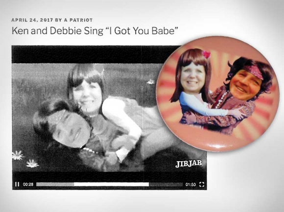 Left: Exhibit D-4 as presented by HCGOP Vice Chair Debbie King, who is suing members of the Haywood Republican Alliance over unauthorized use of her likeness. Right: HCGOP Vice Chair Debbie King (left) and Chairman Ken Henson depicted as 1970s pop duo Sonny &amp; Cher on a button at the center of a lawsuit by King. Donated photo