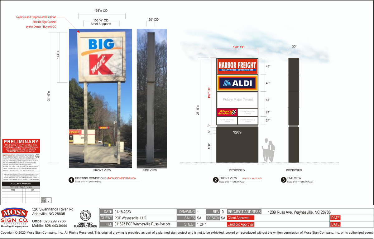 Preliminary sketches submitted to the town of Waynesville show Aldi joining Harbor Freight Tools at the old Kmart site on Russ Avenue.