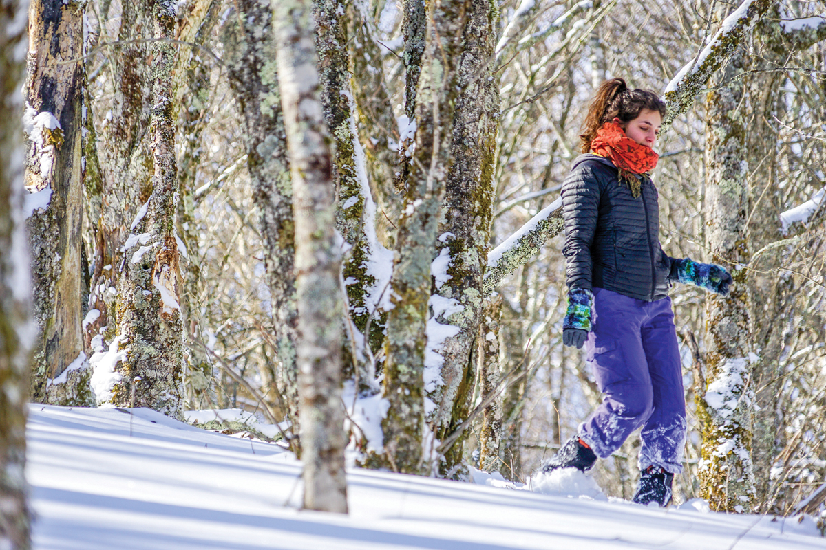 A hiker navigates a snowy trail. 