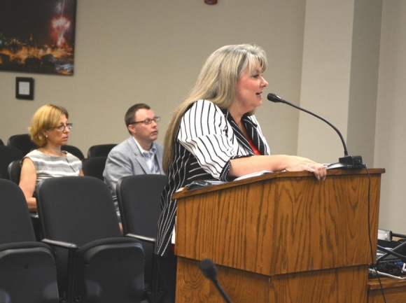 Jackson County Schools Superintendent Kim Elliott presents her 2018-19 budget needs to Jackson County commissioners in May. Holly Kays photo 