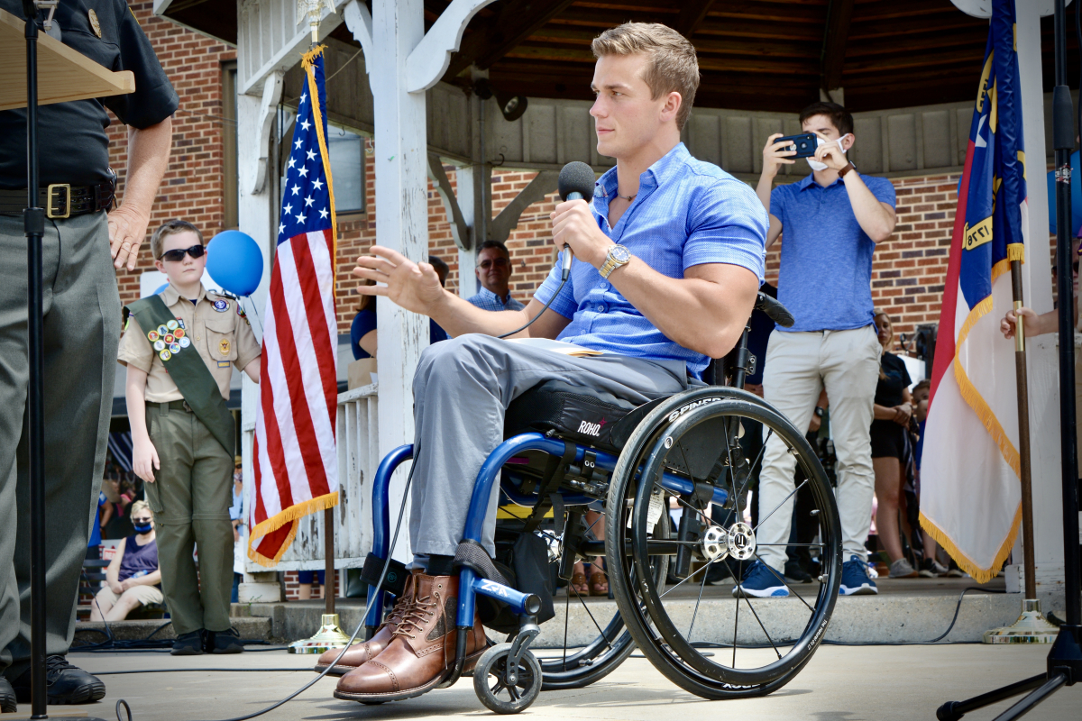 Madison Cawthorn speaks at a rally in Macon County in July, 2020. 