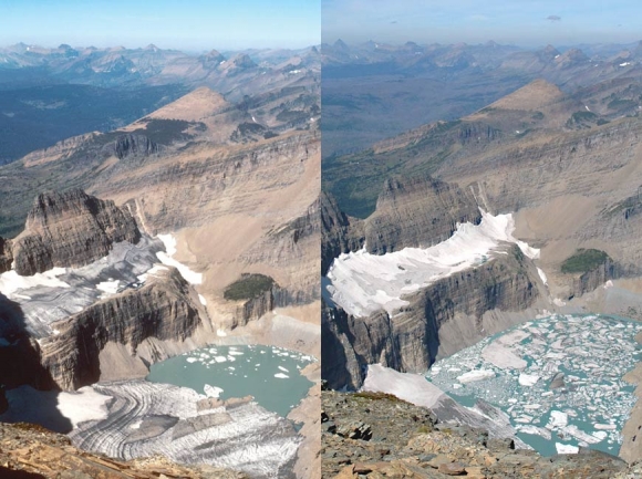 Grinnell Glacier in Glacier National Park in 1981 (left) and 2009 (right). Creative Commons
