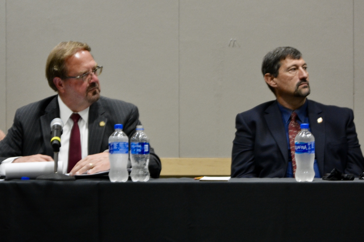 Sen. Chuck Edwards (left) and Rep. Mark Pless entertain public comment at a Sept. 21 redistricting hearing. 