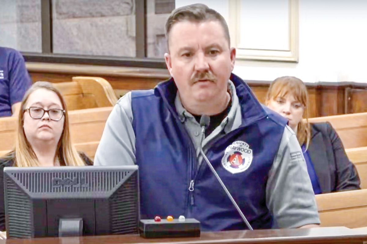 Haywood County Emergency Management Coordinator Zack Koonce briefs commissioners on storm recovery on Nov. 18. Haywood County photo