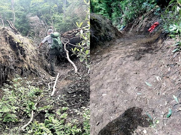 Before rehabilitation (left) Sugarland Mountain Trail was an impassible mass of fallen trees and rocks. After weeks of work (right) Sugarland Mountain and Bull Head are now reopen. NPS photos