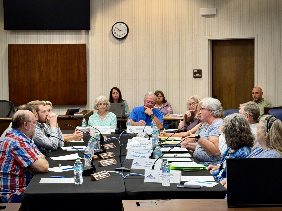 The Jackson County Board of Commissioners (left) met with the Fontana Regional Library Board of Trustees (right) on June 19.
