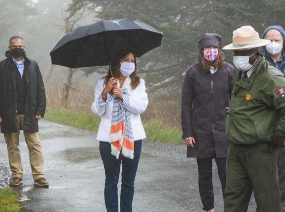 Second Lady Karen Pence (left) hikes to the Clingmans Dome Observation Tower with Smokies Superintendent Cassius Cash (far right). Holly Kays photo