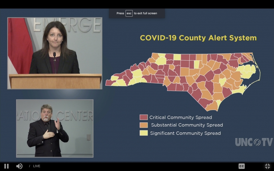 NCDHHS Secretary Dr. Mandi Cohen presents the state&#039;s increasing COVID-19 numbers during a Dec. 8 press conference. 