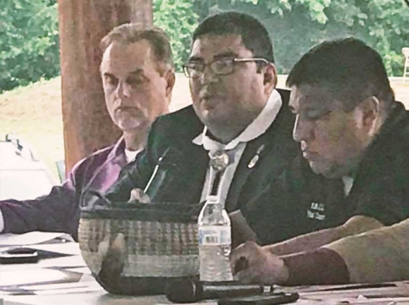 Eastern Band of Cherokee Indians Tribal Council Chairman Adam Wachacha speaks to the Cherokee Tri-Council in Tahlequah, Oklahomaon a resolution denouncing family separations. Donated photo