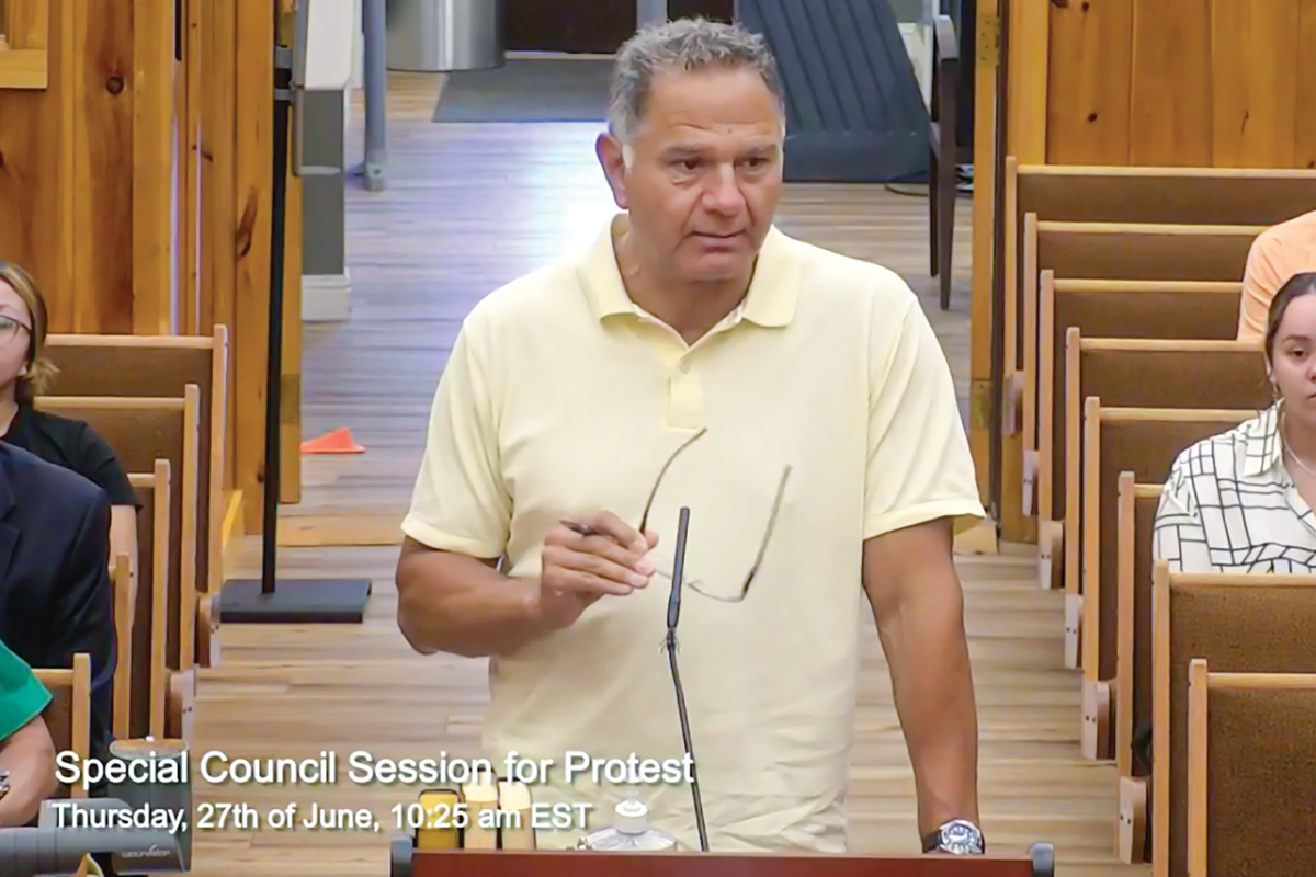 Robert Mark “Bertie” Saunooke address Tribal Council following the vote to approve his amendment to the adult marijuana use ordinance. EBCI Communications Facebook photo