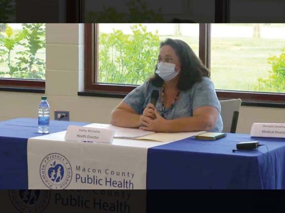 Macon County Health Director Kathy McGaha speaks during a press conference                on Friday, May 29. Screenshot from Macon Media