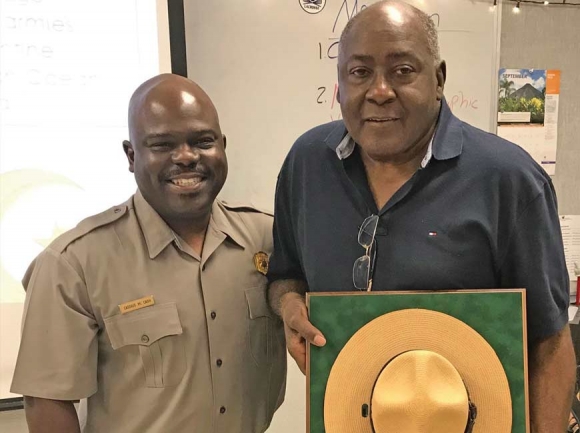 Dr. Joe Lee, the first African-American park naturalist in the Great Smoky Mountains National Park (right), stands with current Smokies Superintendent Cassius Cash. NPS photo
