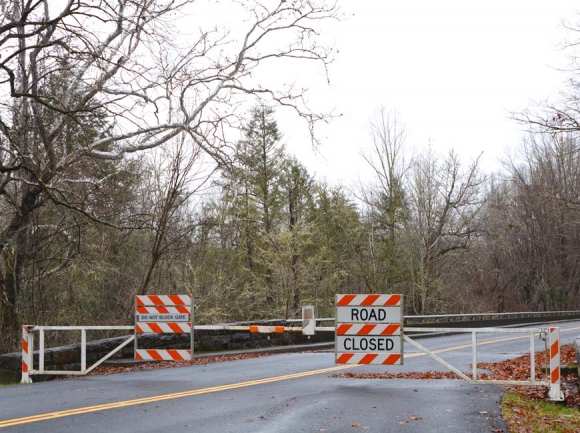 The Blue Ridge Parkway (left) is closed for most of its route through the mountains.