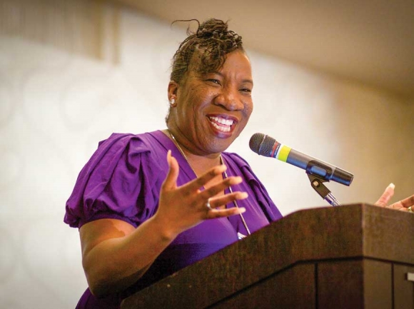 Tarana Burke, founder of the Me Too Movement, speaks to a room of about 800 people last week during a fundraiser for Our Voice in Buncombe County. Ariel Shumaker Photography