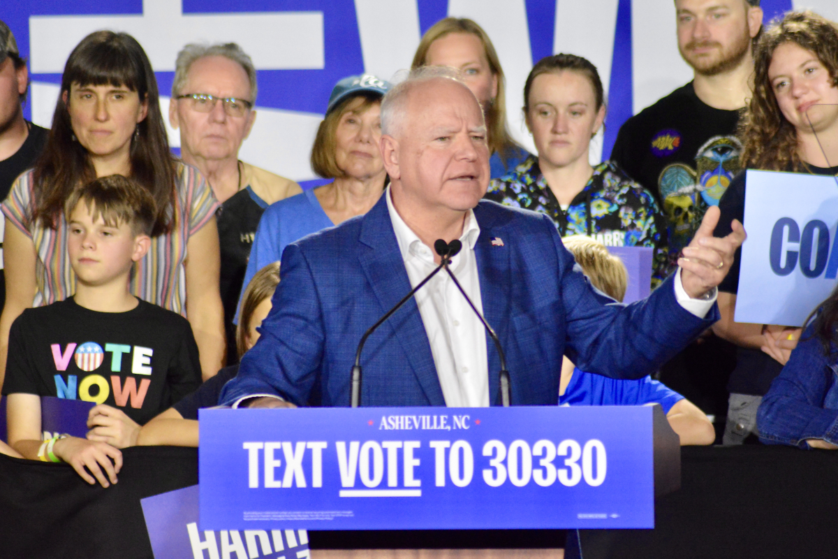 Minnesota governor and Democratic nominee for Vice President Tim Walz speaks at The Orange Peel in Asheville on Oct. 30.