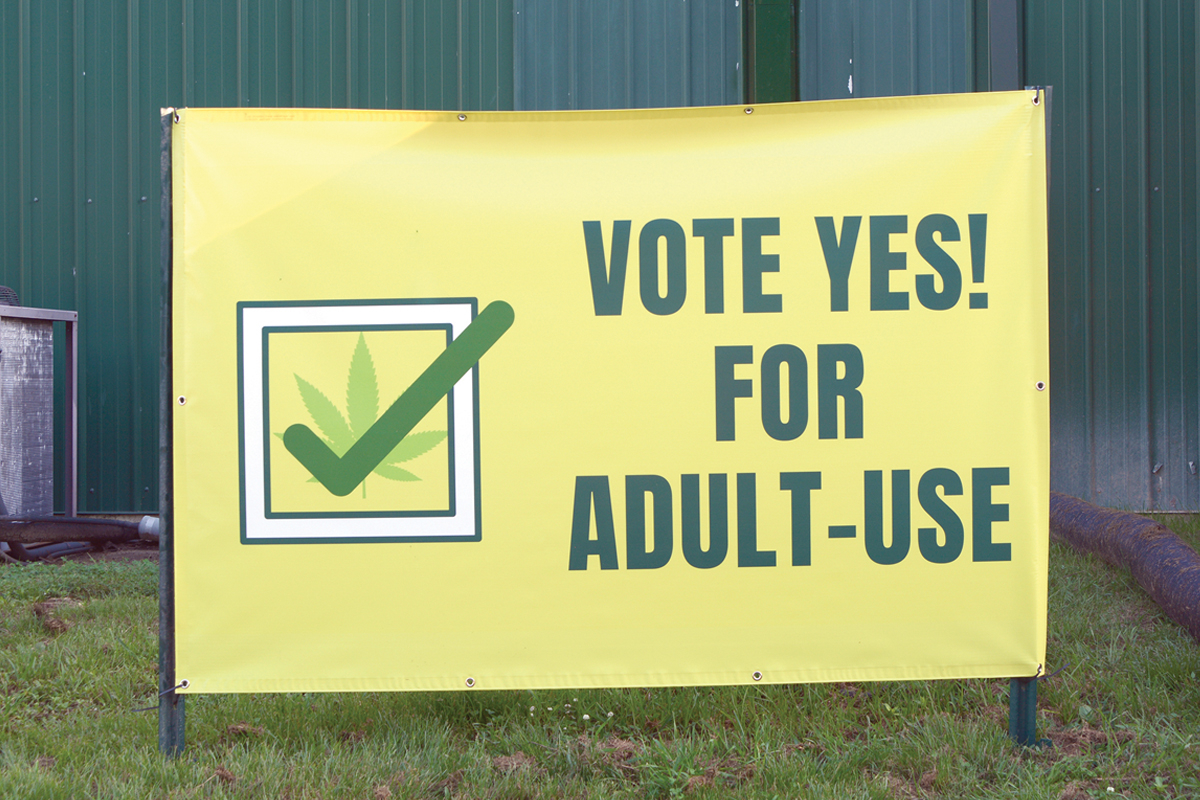 A sign displayed outside Qualla Enterprises LLC headquarters  encourages voters to support legalizing recreational cannabis. Holly Kays photo