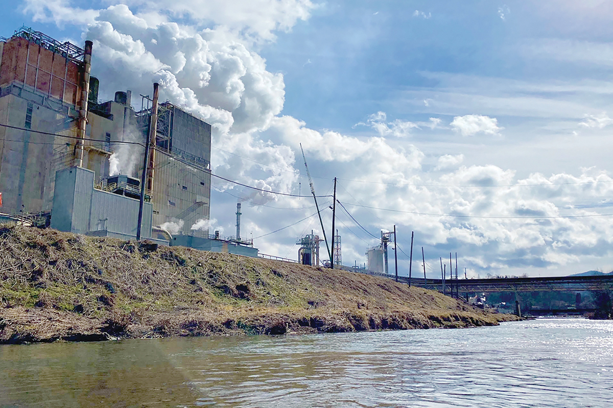 A kayak-view photo looks upstream from the paper mill site in Canton. Anna Alsobrook/MountainTrue photo